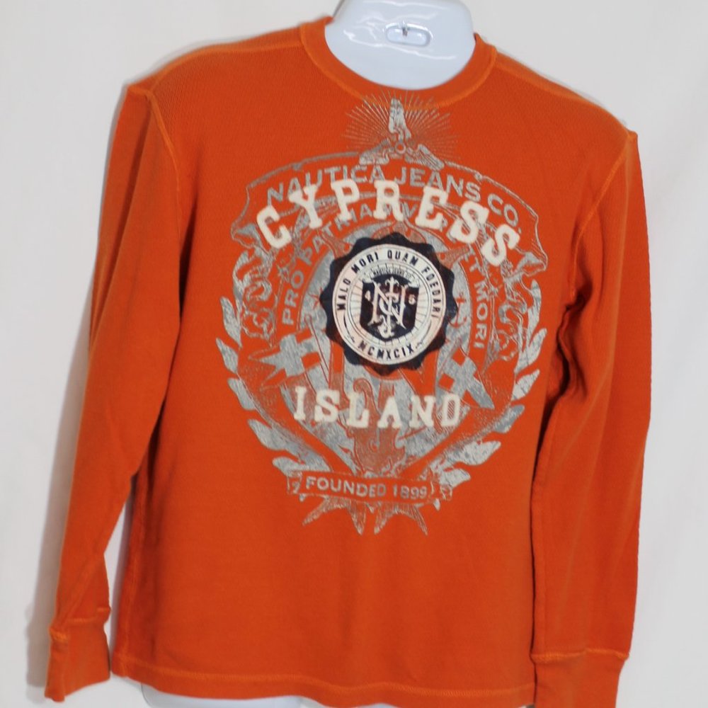NAUTICA JEANS CO. Orange Thermal Shirt Size Large Long Sleeve Crew Neck Embossed - Picture 1 of 10